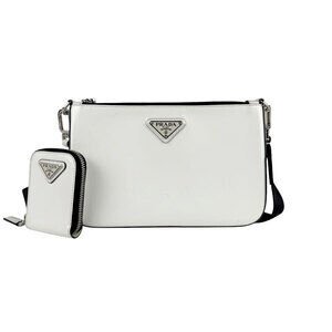 Prada crossbody shoulder bag leather canvas white black silver